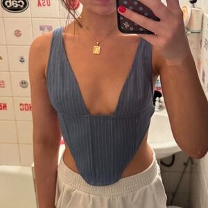 REVOLVE Deep V Blue Pinstripe Bodysuit